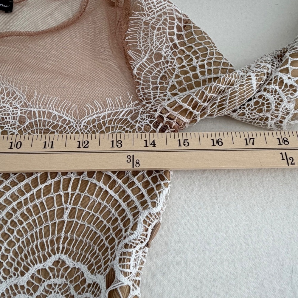 For Love & Lemons Grace Bridal Ivory Lace Mini Dress XS Nude Mesh Long Sleeve - Picture 14 of 16